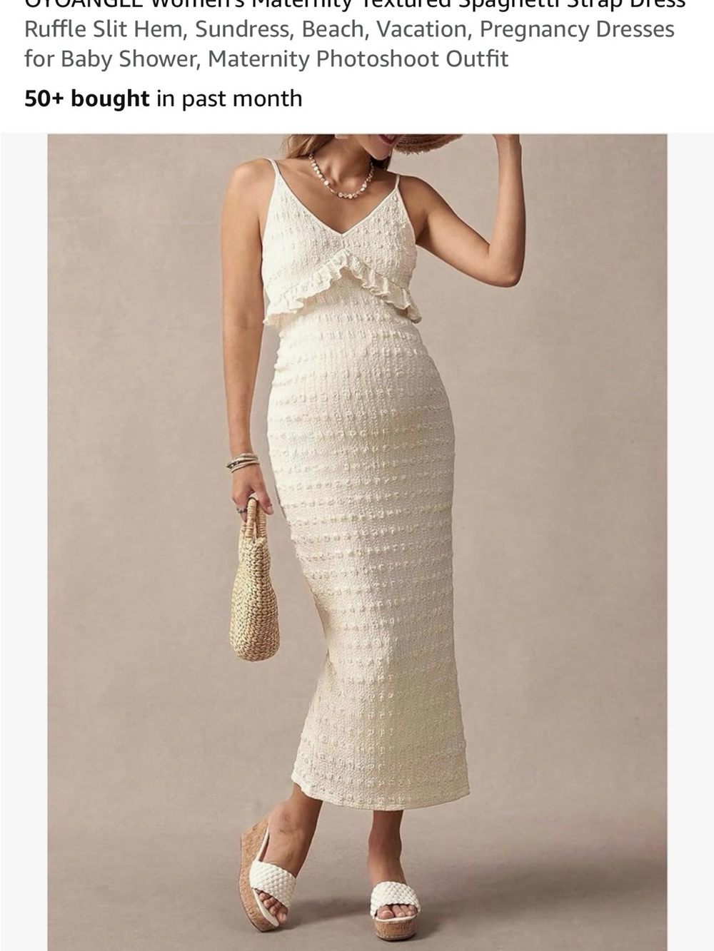 Textured Cream Midi Maternity Dress with Spaghetti Straps